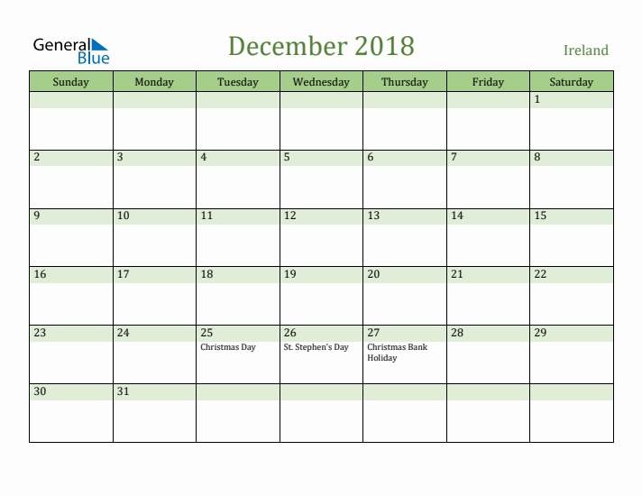 December 2018 Calendar with Ireland Holidays