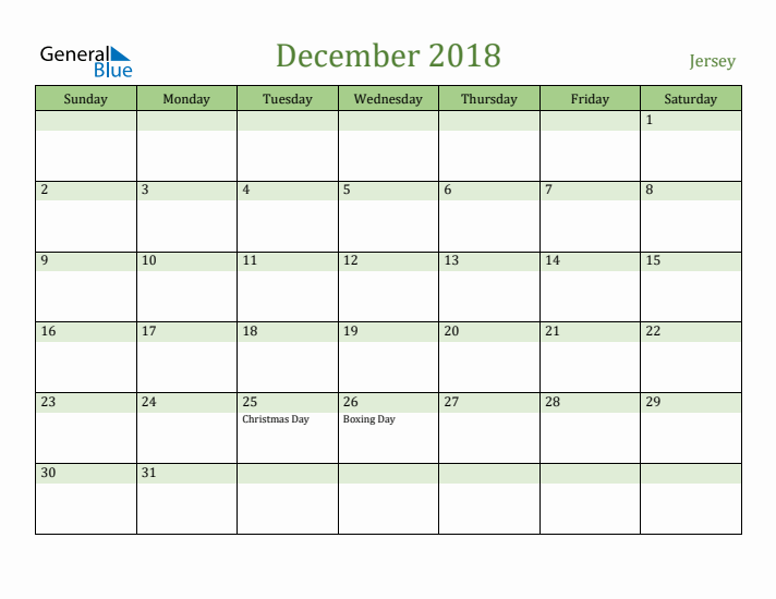 December 2018 Calendar with Jersey Holidays