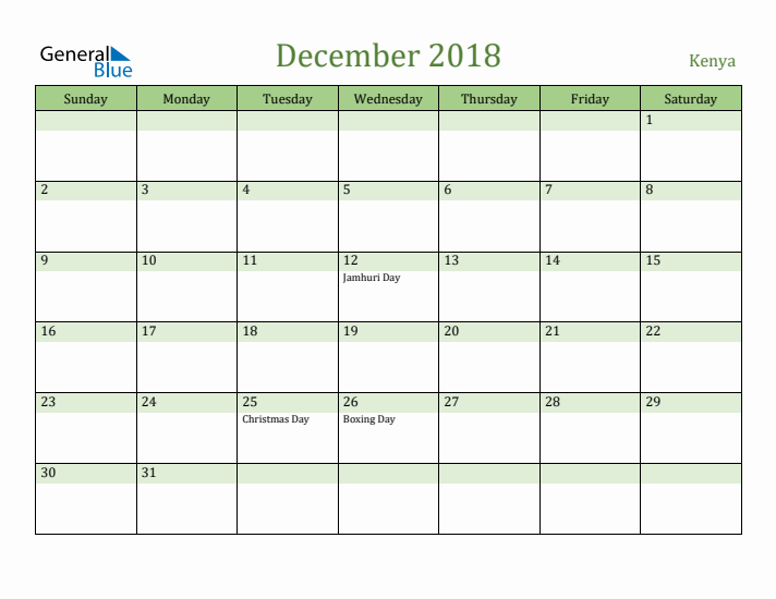 December 2018 Calendar with Kenya Holidays