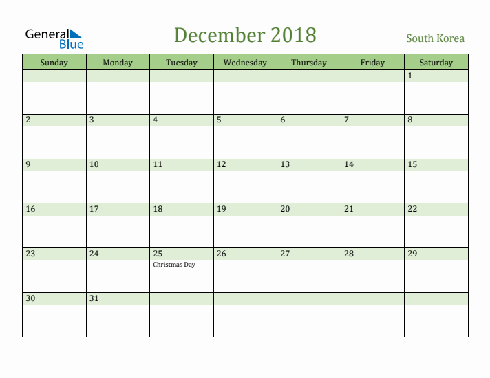 December 2018 Calendar with South Korea Holidays