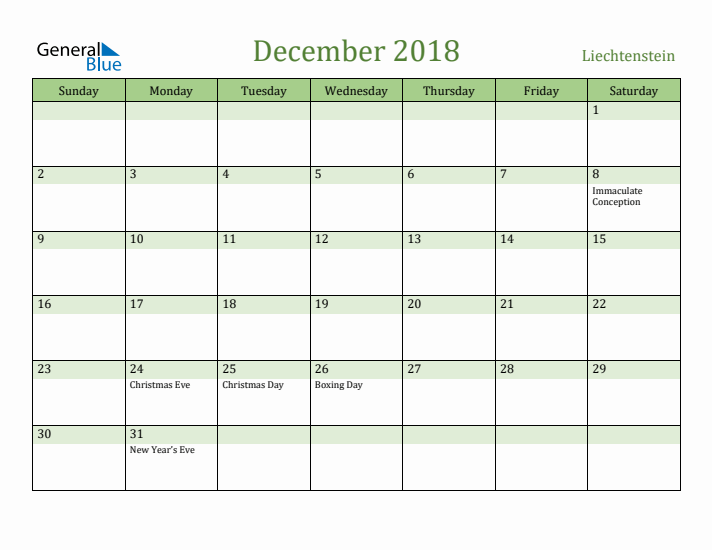 December 2018 Calendar with Liechtenstein Holidays