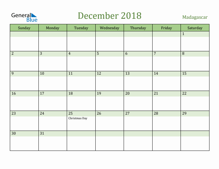 December 2018 Calendar with Madagascar Holidays