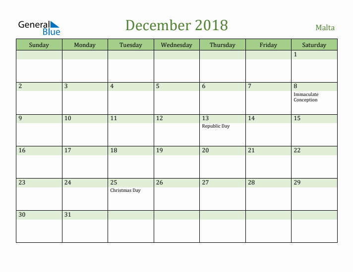 December 2018 Calendar with Malta Holidays