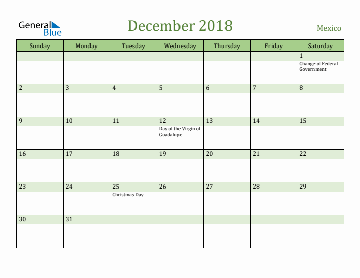 December 2018 Calendar with Mexico Holidays