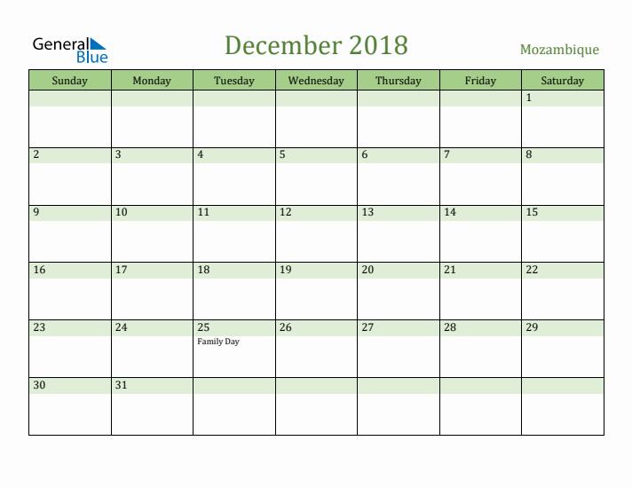 December 2018 Calendar with Mozambique Holidays