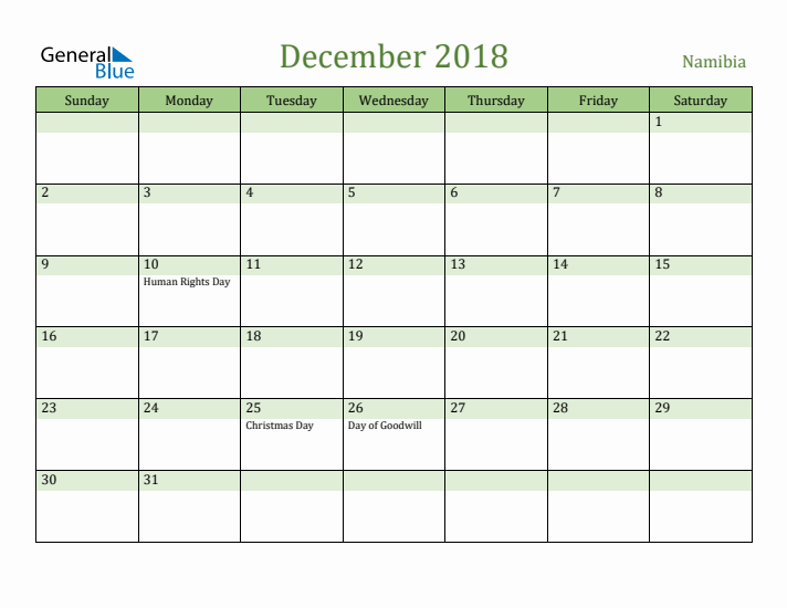 December 2018 Calendar with Namibia Holidays