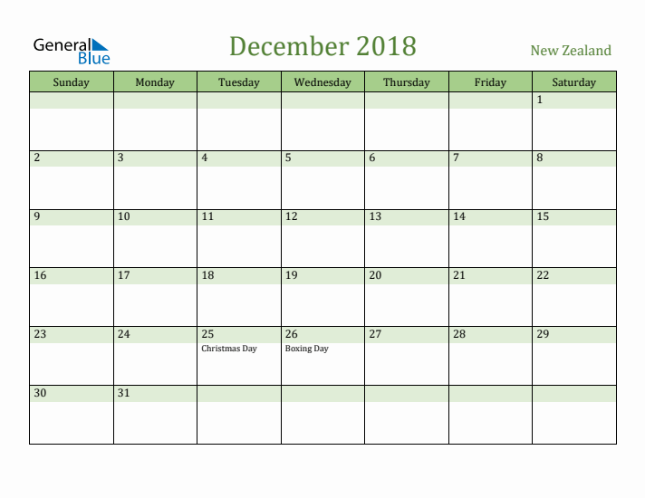 December 2018 Calendar with New Zealand Holidays