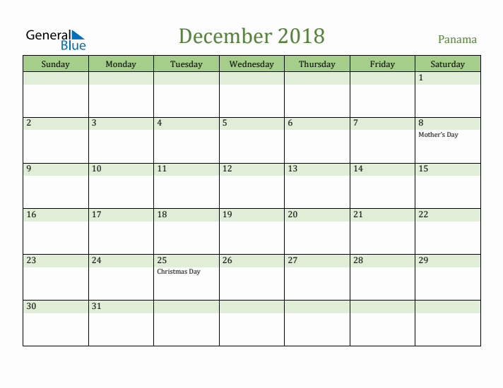 December 2018 Calendar with Panama Holidays