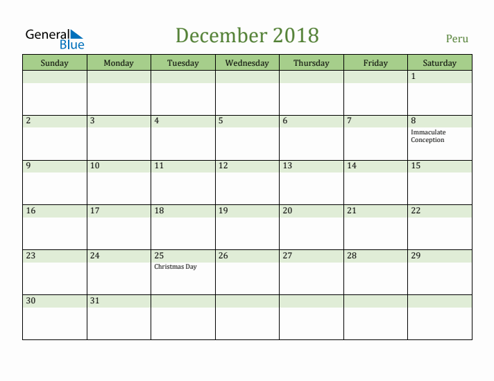 December 2018 Calendar with Peru Holidays