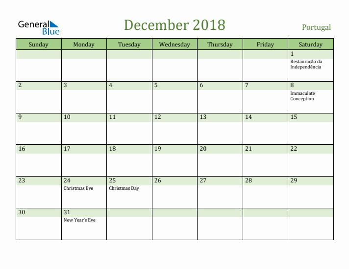 December 2018 Calendar with Portugal Holidays