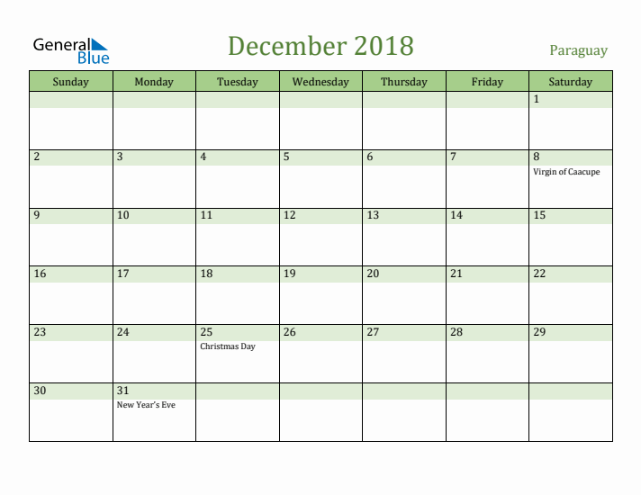 December 2018 Calendar with Paraguay Holidays