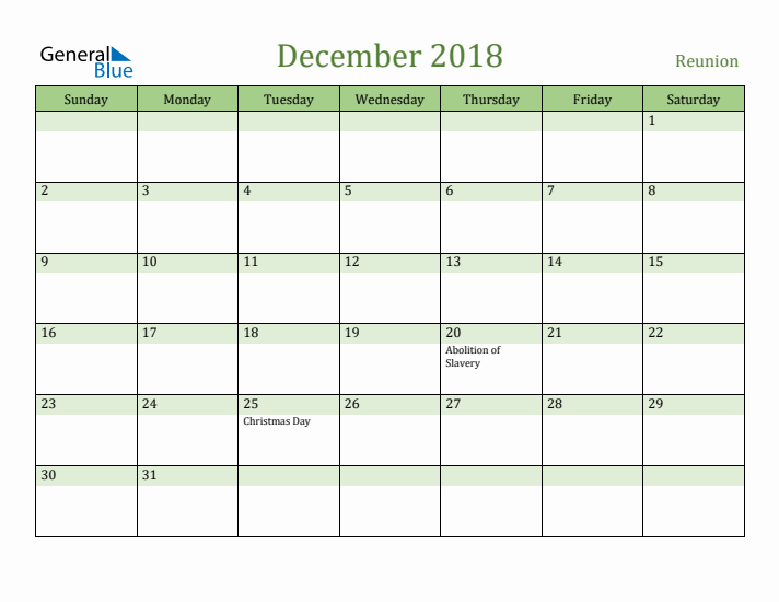 December 2018 Calendar with Reunion Holidays