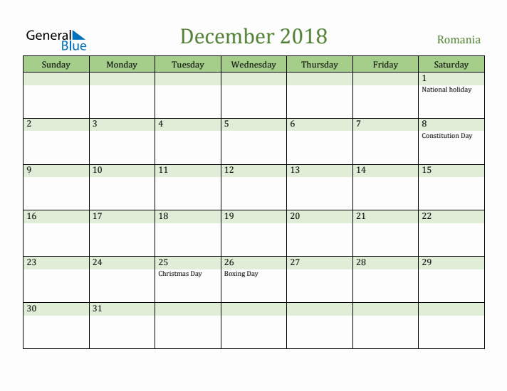 December 2018 Calendar with Romania Holidays