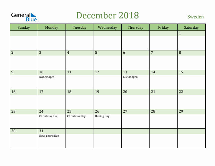 December 2018 Calendar with Sweden Holidays