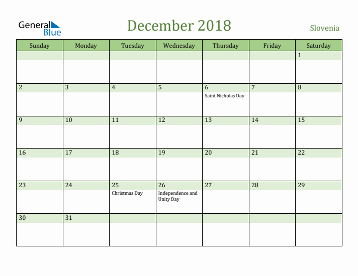 December 2018 Calendar with Slovenia Holidays