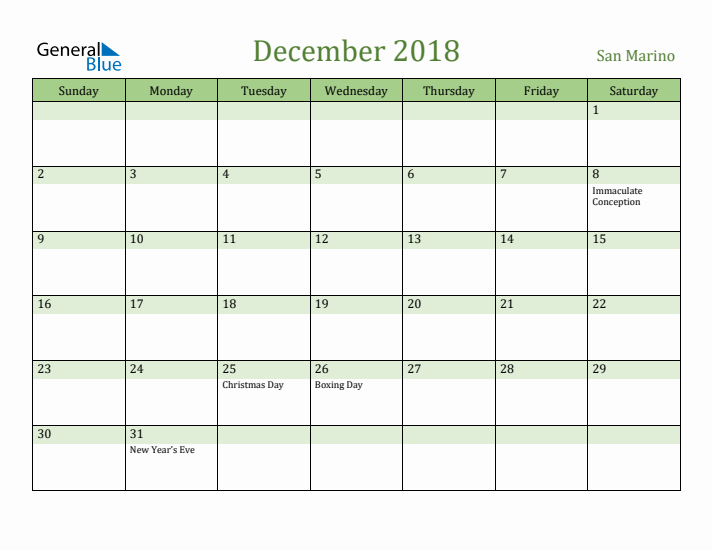 December 2018 Calendar with San Marino Holidays