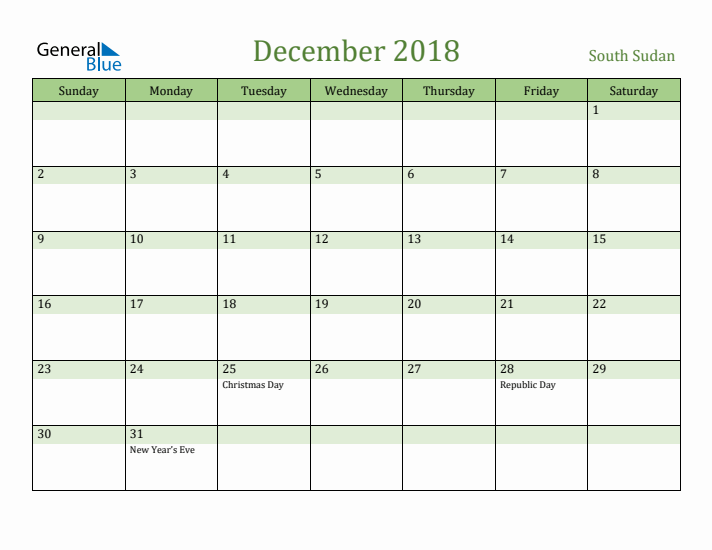 December 2018 Calendar with South Sudan Holidays