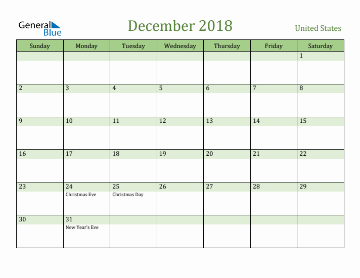 December 2018 Calendar with United States Holidays