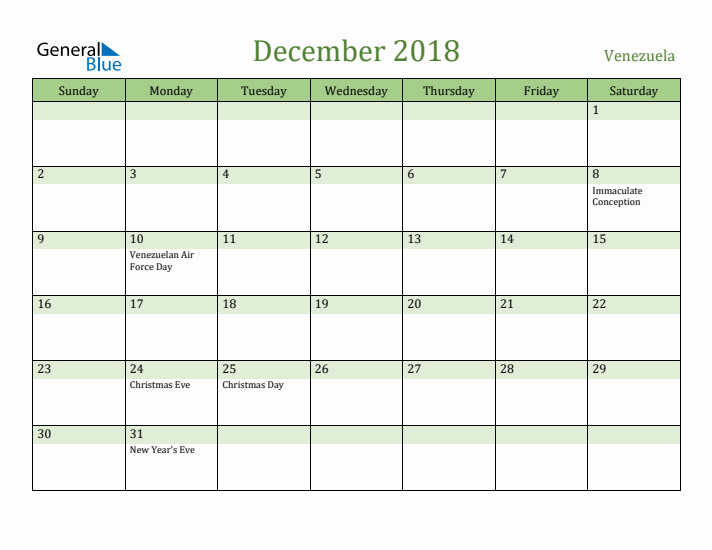 December 2018 Calendar with Venezuela Holidays