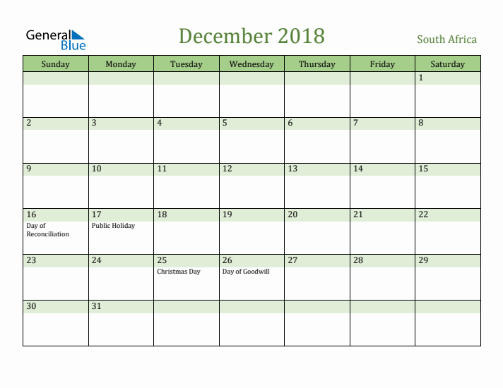December 2018 Calendar with South Africa Holidays