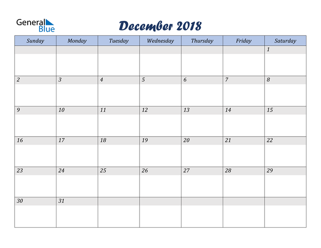  December 2018 Blue Calendar