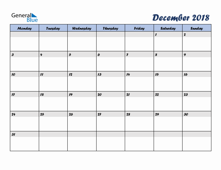 December 2018 Blue Calendar (Monday Start)