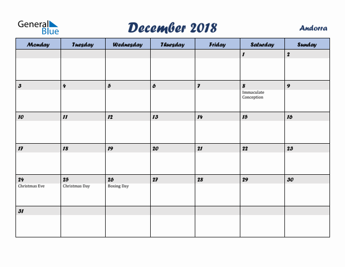 December 2018 Calendar with Holidays in Andorra
