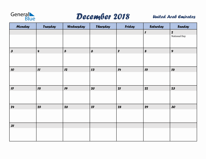 December 2018 Calendar with Holidays in United Arab Emirates