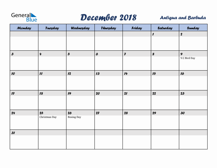 December 2018 Calendar with Holidays in Antigua and Barbuda