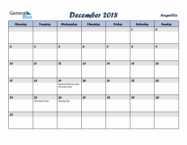December 2018 Calendar with Holidays in Anguilla