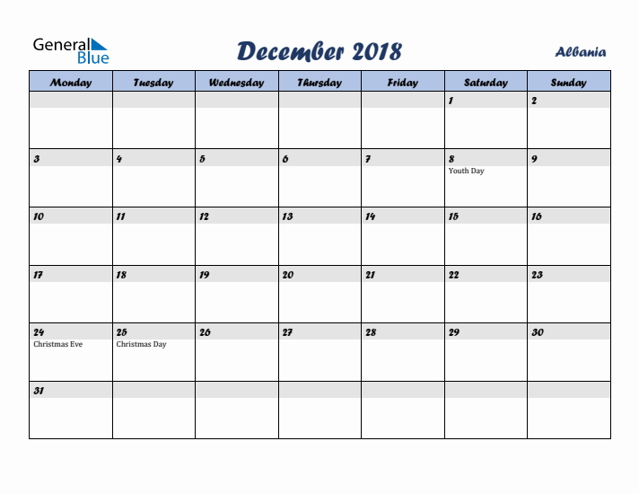 December 2018 Calendar with Holidays in Albania