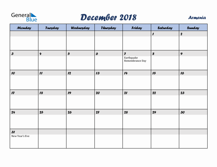 December 2018 Calendar with Holidays in Armenia