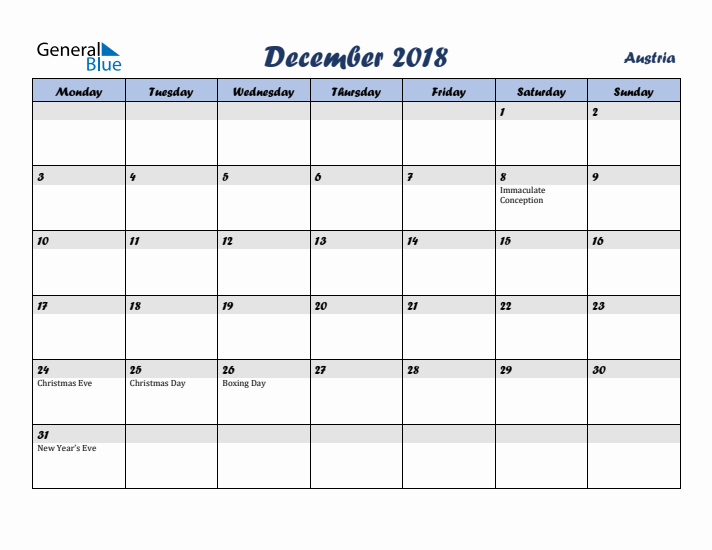 December 2018 Calendar with Holidays in Austria