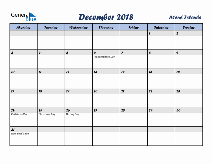 December 2018 Calendar with Holidays in Aland Islands