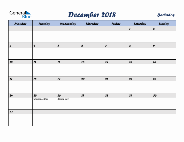 December 2018 Calendar with Holidays in Barbados
