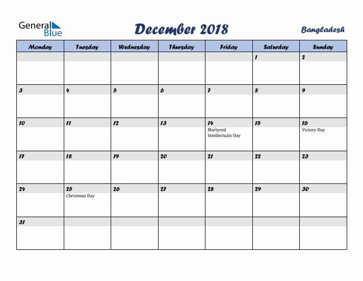 December 2018 Calendar with Holidays in Bangladesh