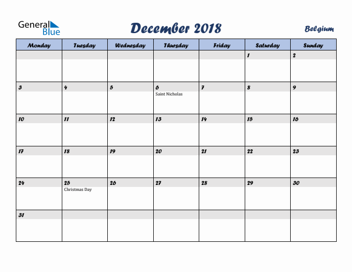 December 2018 Calendar with Holidays in Belgium