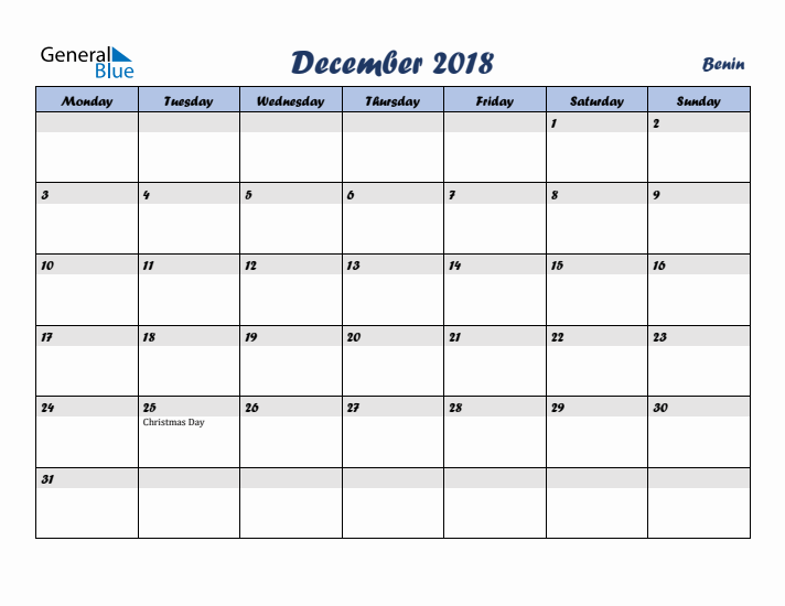 December 2018 Calendar with Holidays in Benin