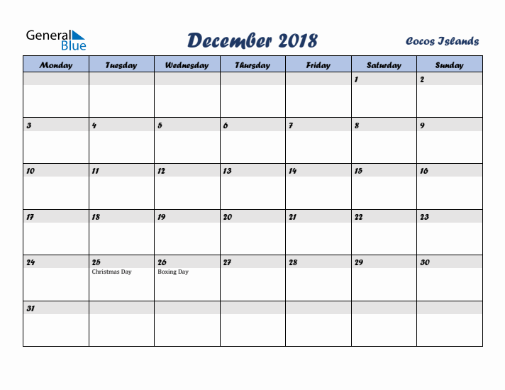 December 2018 Calendar with Holidays in Cocos Islands