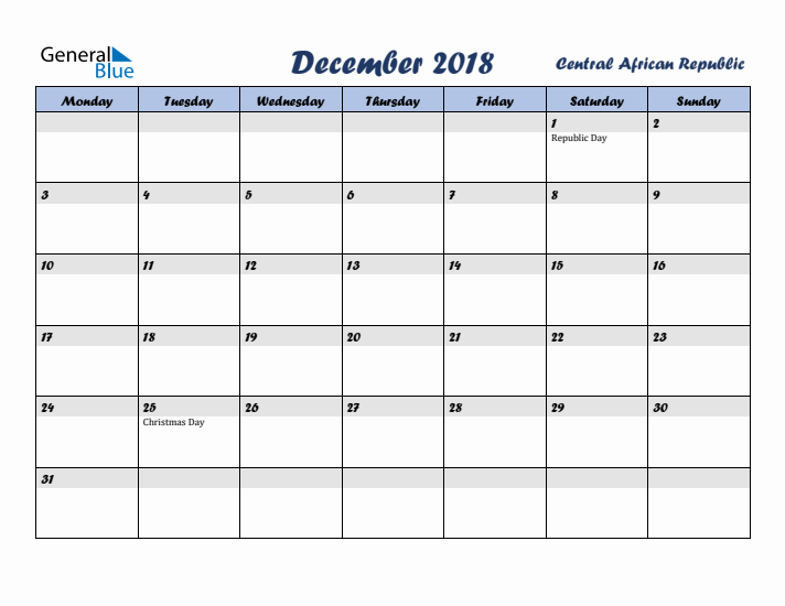 December 2018 Calendar with Holidays in Central African Republic