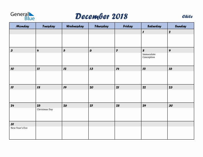 December 2018 Calendar with Holidays in Chile