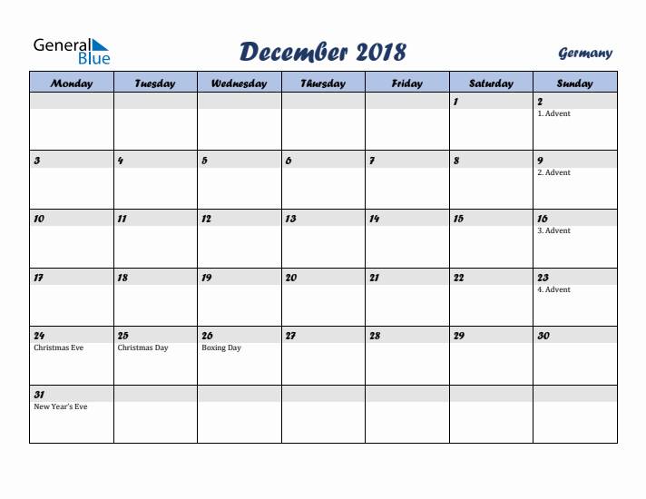 December 2018 Calendar with Holidays in Germany