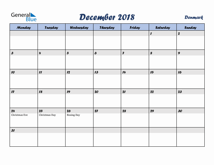 December 2018 Calendar with Holidays in Denmark