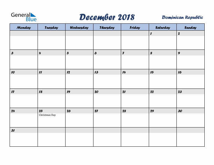 December 2018 Calendar with Holidays in Dominican Republic
