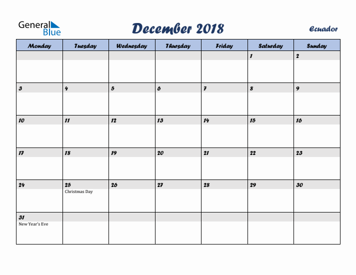 December 2018 Calendar with Holidays in Ecuador