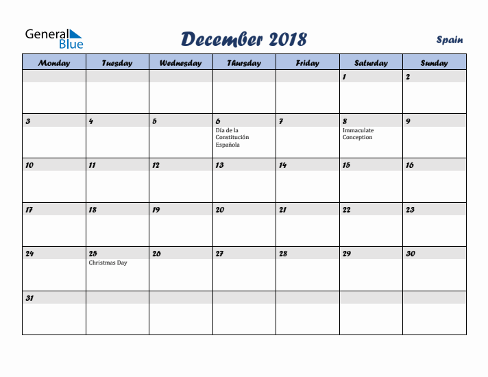 December 2018 Calendar with Holidays in Spain