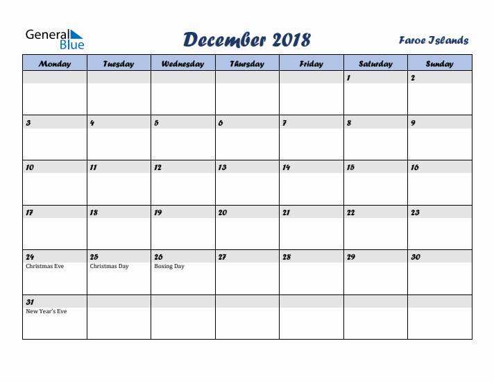 December 2018 Calendar with Holidays in Faroe Islands