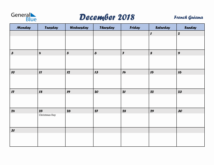 December 2018 Calendar with Holidays in French Guiana