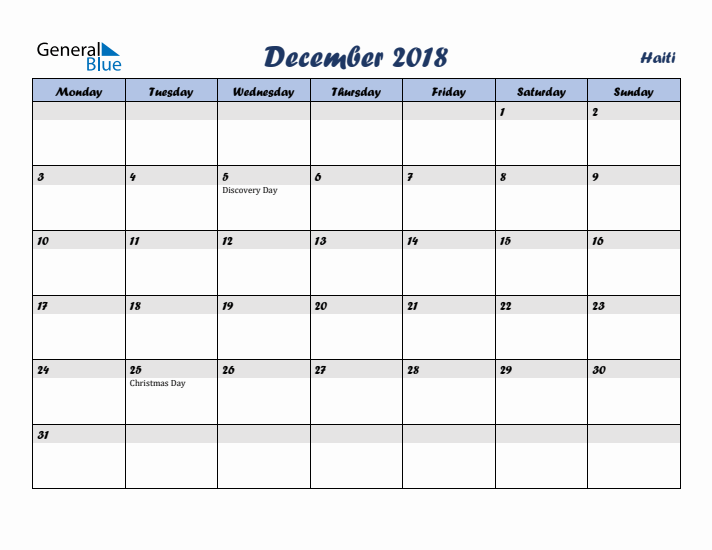 December 2018 Calendar with Holidays in Haiti