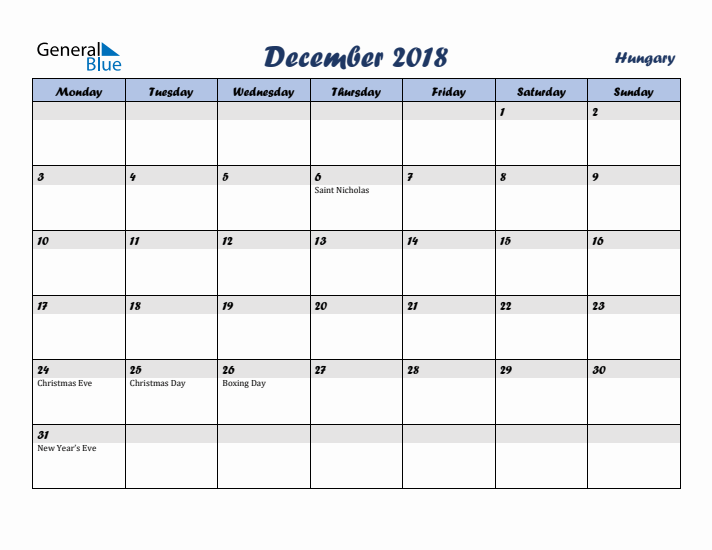 December 2018 Calendar with Holidays in Hungary
